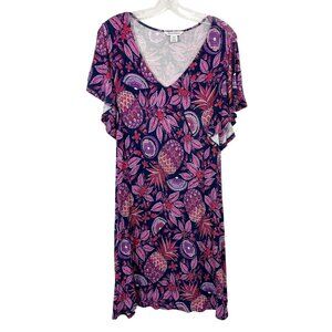 Tommy Bahama Pineapple Flutter Sleeve Dress Purple Navy Pink Women's Size Small